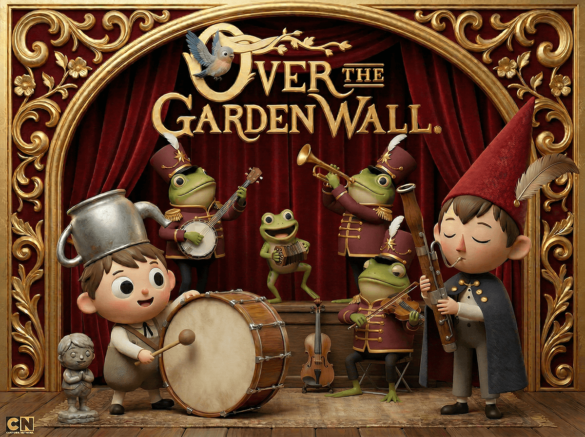 Over the Garden Wall style band scene with frogs and children